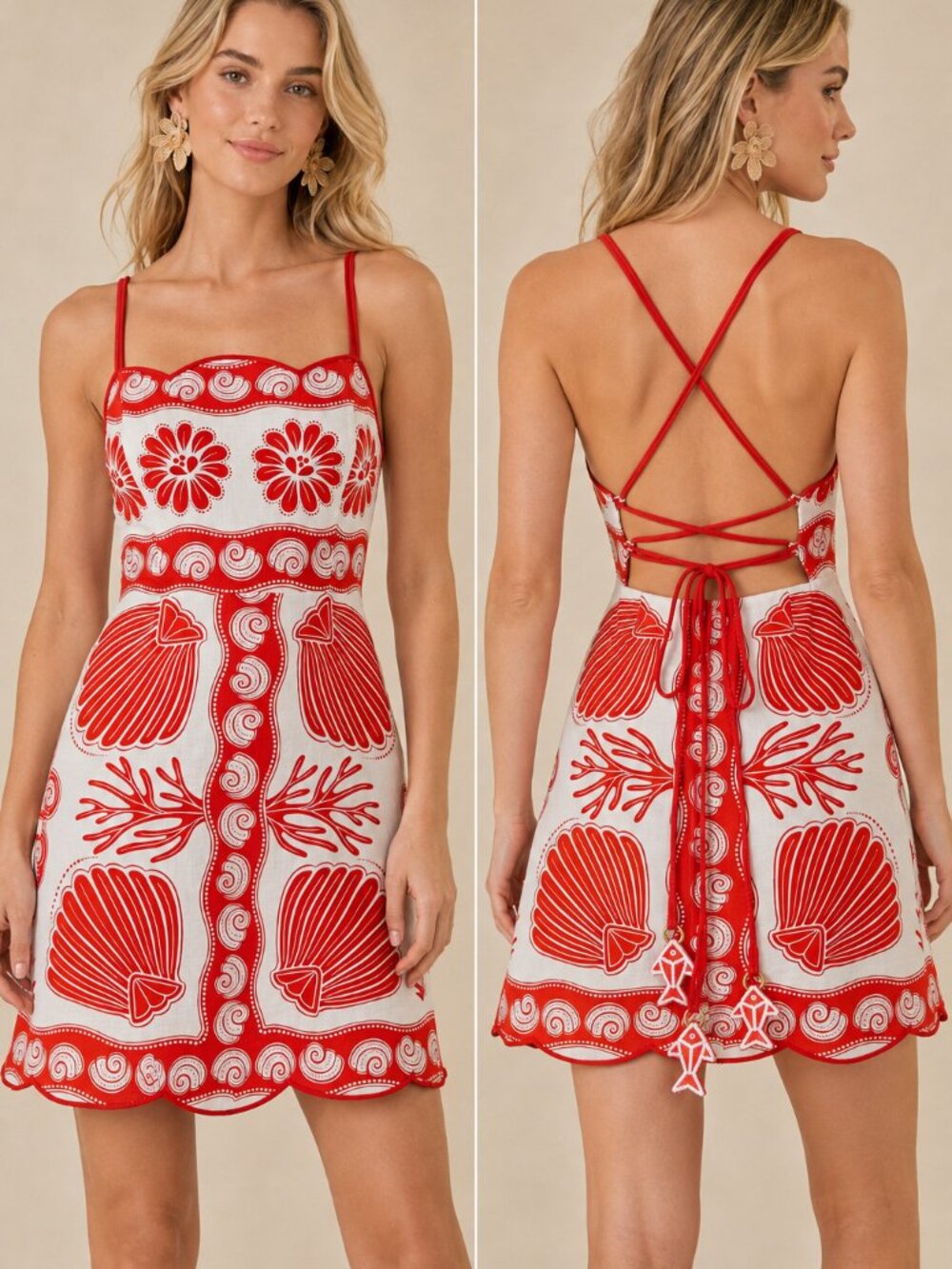 FARM Rio Ainika Shell Linen Mini Dress Red White XS